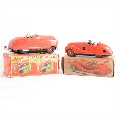 Lot 445 - Schuco German tin-plate cars; two including Tacho-Examico 4002 (a/f), and a Examico 4001, both boxed.