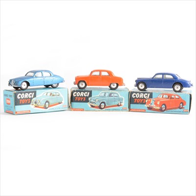 Lot 177 - Corgi Toys; three boxed examples including no.205M Riley Pathfinder Saloon, no.203M Jaguar 2.4 Litre Saloon, no.201M Austin Cambridge Saloon, (all playworn).