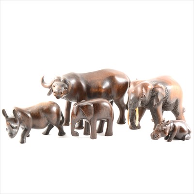 Lot 113 - A carved teak wood mode of a water buffalo, and other carved animalia