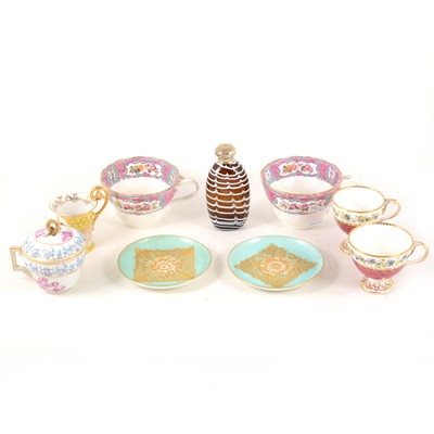Lot 1019 - A Nailsea type glass flask with a silver mount, collection of cabinet cups and saucers, etc