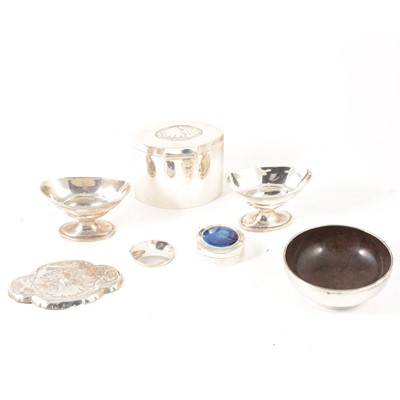 Lot 218 - A navette shaped silver tea caddy, pair of navette shaped pedestal dishes, Ruskin set box and cover, etc