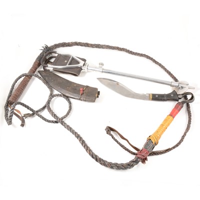 Lot 95 - A Kukri knife with engraved blade, shooting stick, and two 6ft bullwhips.