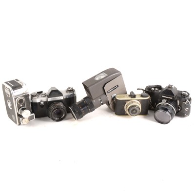 Lot 169 - Vintage cameras and cine camera; a quiantity in one fruit box including; Nikon SLR Nikkormat camera with Nikkor 50mm lens