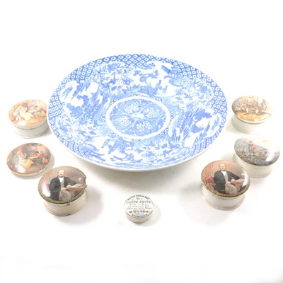 Lot 10 - A large Chinese blue and white charger, seven Staffordshire pot lids, and decorative plates.