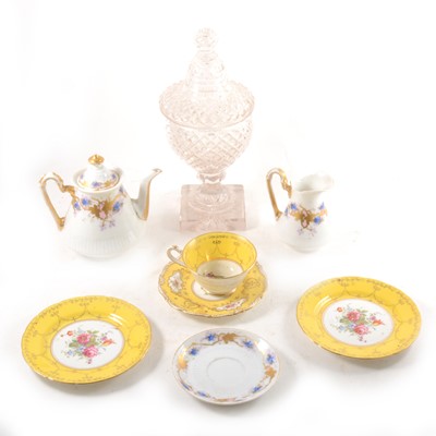 Lot 3 - Victorian cut glass lidded jar, and a small selection of teawares.