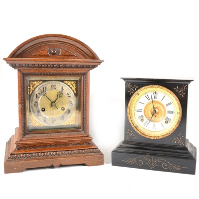 Lot 116 - A German oak cased mantel clock, Jungens; and an American Ansonia mantel clock
