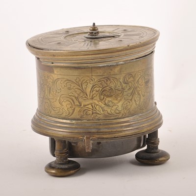 Lot 150 - A Charles II style brass drum-shape table clock, 17th Century
