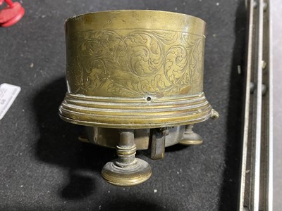 Lot 150 - A Charles II style brass drum-shape table clock, 17th Century