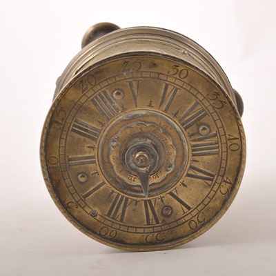 Lot 150 - A Charles II style brass drum-shape table clock, 17th Century