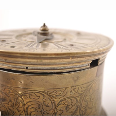 Lot 150 - A Charles II style brass drum-shape table clock, 17th Century