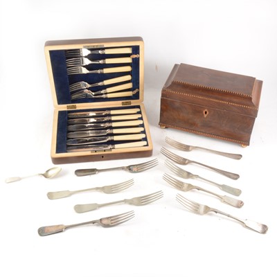 Lot 143 - A small selection of silver-plated cutlery, mahogan tea caddy, hand tools, etc