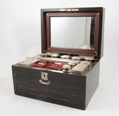 Lot 1112 - Victorian coromandel wood toilet box, part fitted interior
