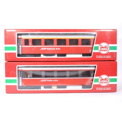 Lot 92 - Two LGB G scale, passenger coaches 'Rhatische Bahn', no.33670 and another similar no.34670, both boxed (2).