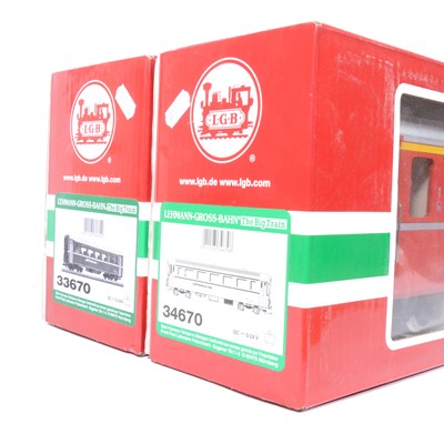 Lot 92 - Two LGB G scale, passenger coaches 'Rhatische Bahn', no.33670 and another similar no.34670, both boxed (2).
