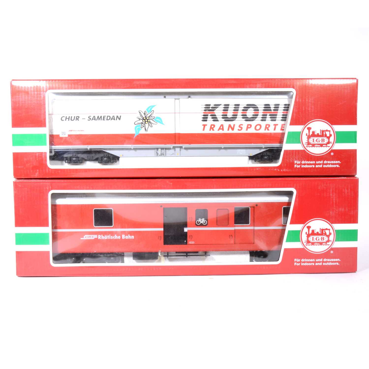 Lot 94 - Two LGB G scale passenger coaches, RhB coach no.34690, sliding wall box 'Kuoni Transport' no.45570, both boxed, (2).