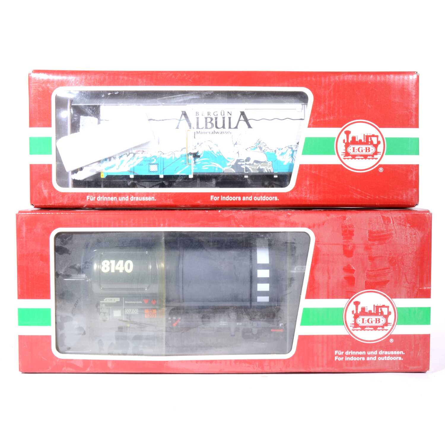 Lot 97 - Two LGB G scale models, Rhb tank 'Rhatische Bahn' 8140, no.42830, RHB Swiss Albula Mineral Water wagon, both boxed.