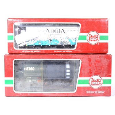 Lot 97 - Two LGB G scale models, Rhb tank 'Rhatische Bahn' 8140, no.42830, RHB Swiss Albula Mineral Water wagon, both boxed.