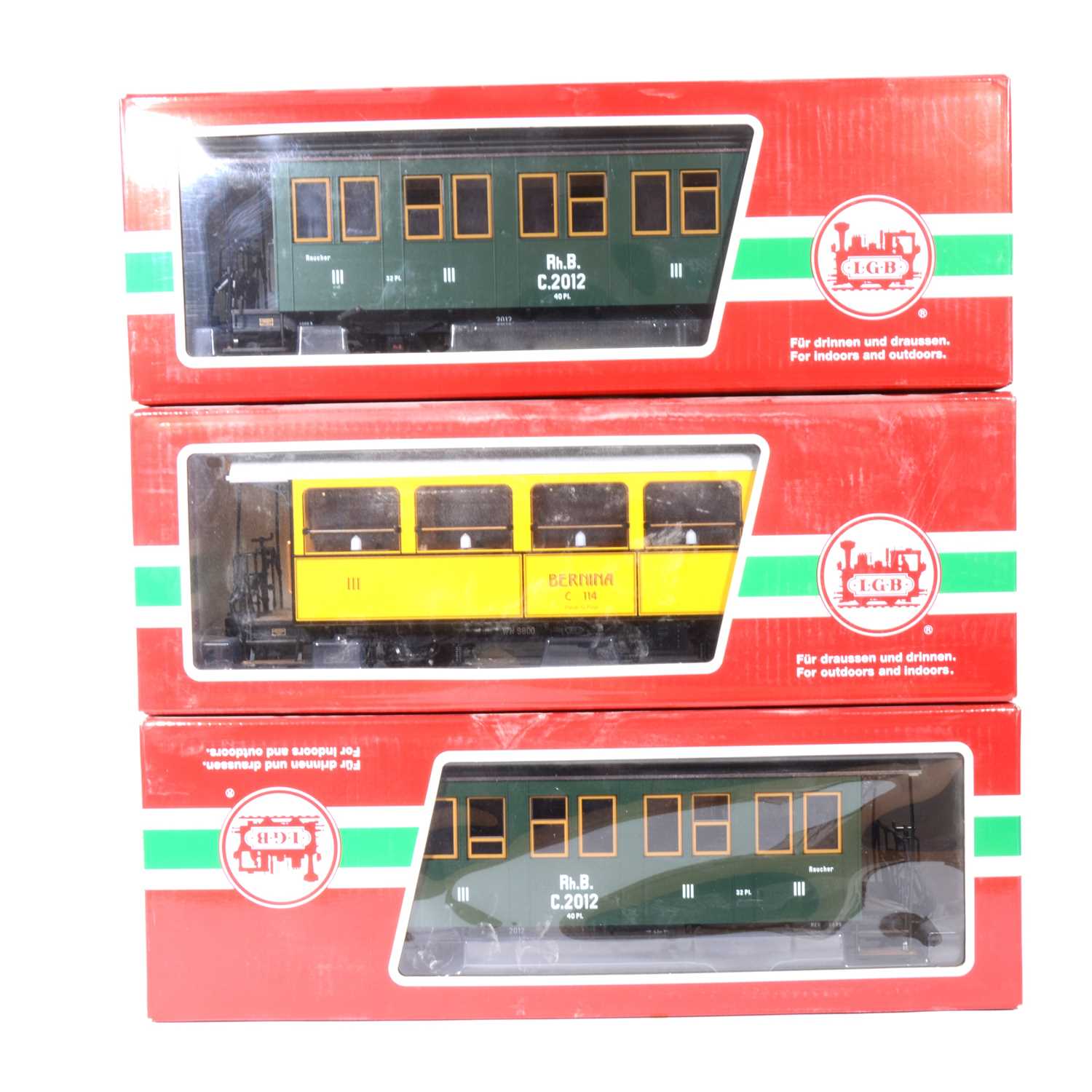 Lot 98 - Three LGB G scale, passenger coaches, no.30550, no.30340 (x2), all boxed, (3).