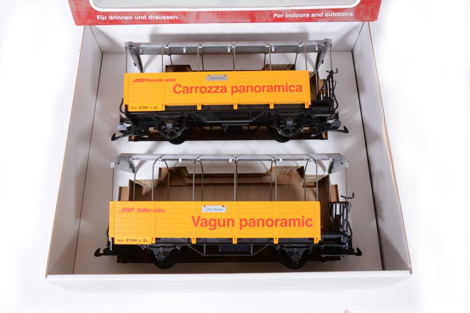 Lot 99 - LGB G scale, pair of sightseeing cars 'Rhaetian' railways, no.39250, boxed.