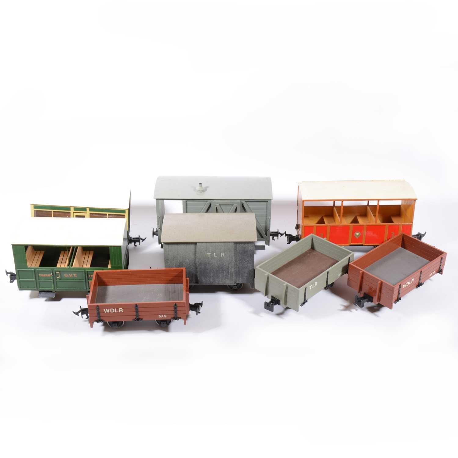 Lot 70 - Fifteen kit built gauge 1 / G gauge model railway rolling stock, including open wagons and brake vans.