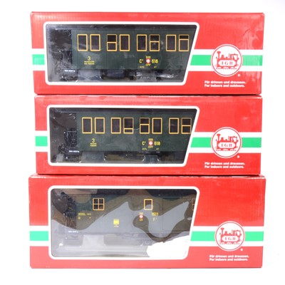 Lot 102 - Three LGB G scale passenger coaches, 'Ballenberg SBB no. 30330 (x2), SBB post wagon no.41330, all boxed.