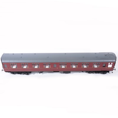 Lot 77 - Tower Brass Models, gauge 1 / G scale, 45mm passenger coaches, rake of three BR maroon M35042, M4358, M34128, (3).