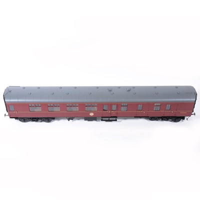 Lot 77 - Tower Brass Models, gauge 1 / G scale, 45mm passenger coaches, rake of three BR maroon M35042, M4358, M34128, (3).