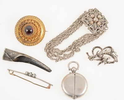 Lot 1340A - A gilt metal target brooch locket, set with a garnet cabochon stone, silver Sovereign coin case and costume jewellery.