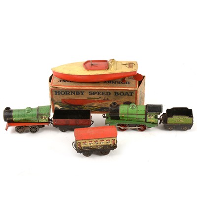 Lot 140 - Hornby Speed Boat No.1. 'Hawk', boxed, Hornby clockwork train engines, and a Hornby Trains catalogue 1935-36.