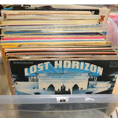 Lot 14 - Aprox100 vinyl LP records; mostly film soundtrack, easy listening, and pop, including Elvis Presley, James Bond Theme Dr No, Disney's Fantasia etc.