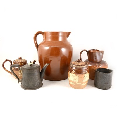 Lot 1046 - A Doulton Lambeth stoneware tobacco jar, and other stoneware and pewter