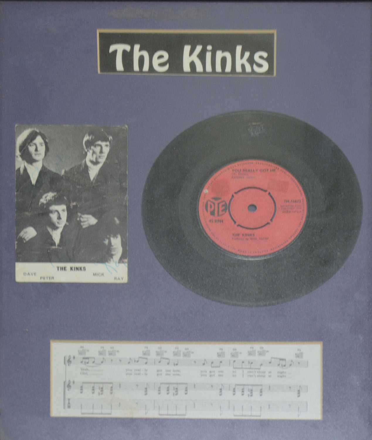 Lot 76 - The Kinks; signed postcard of all four members first names, framed and glazed.