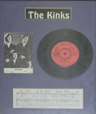 Lot 76 - The Kinks; signed postcard of all four members first names, framed and glazed.