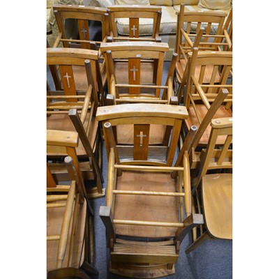 Lot 58 - A set of six beech and mixed wood Chapel chairs