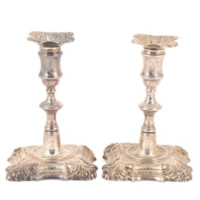 Lot 174 - Near pair of George III silver dwarf candlesticks, William Cafe, London 1761 and 1763