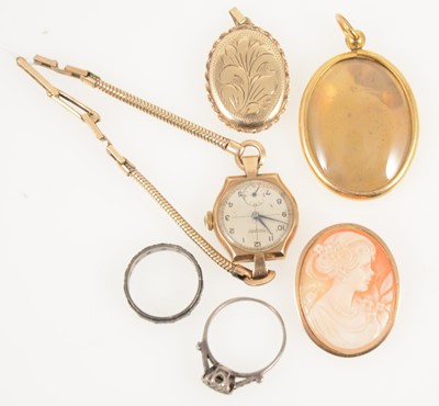 Lot 1340 - A 9 carat gold locket, RG locket, cameo brooch, gold watch with metal bracelet, 2 silver rings.