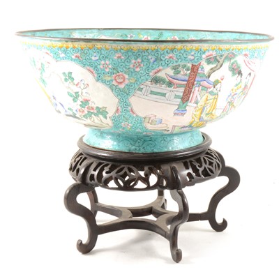Lot 100 - Early 20th. cent. Chinese Canton Enamel bowl with wooden stand.
