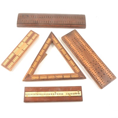 Lot 120 - Edwardian wood Crib board of triangular form, three others and a billiard counter.