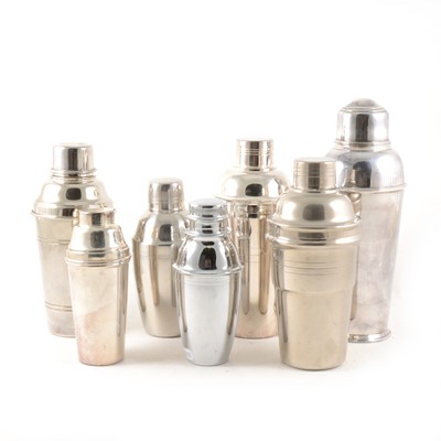 Lot 75 - Seven plain metal cocktail shakers, various sizes.
