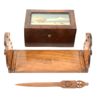 Lot 178 - A Sorrento olive wood fold down expanding book rack, oak box, olive wood bowl.