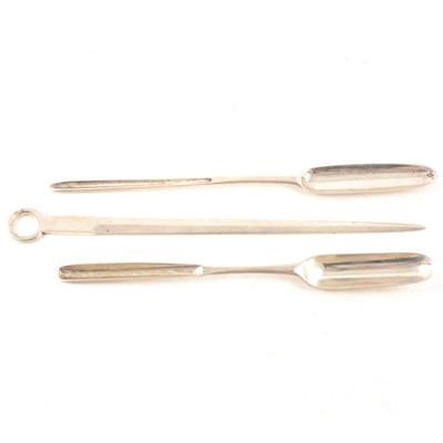 Lot 335 - Two silver marrow scoops and a silver meat skewer / letter opener.