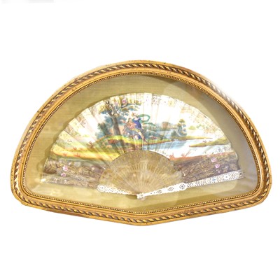 Lot 165 - Framed and glazed painted paper fan with inaid bone guards.
