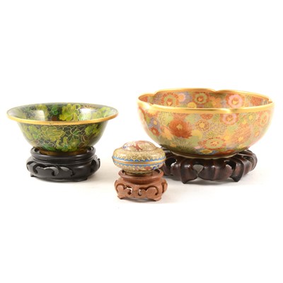Lot 4 - Satsuma bowl, lobed circular form, a cloisonne bowl, and a small jar.