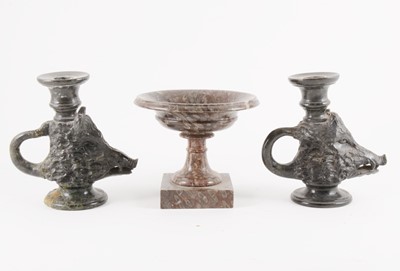 Lot 79 - A ‘Red Griotte’ marble tazza, and a pair of boar's head chambersticks