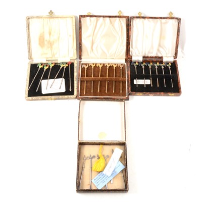 Lot 90 - Four full or part sets of white metal "cockerel" cocktail sticks, some enamelled.