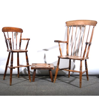 Lot 419 - Elm and beech spindle back farmhouse elbow chair, child's high chair and a stool