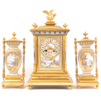 Lot 243 - A Napoleon III gilt and silvered metal three-piece mantel garniture