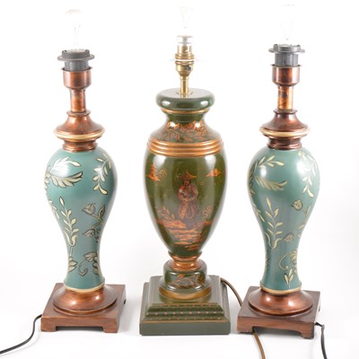 Lot 410 - A painted chinoiserie style table lamp, and a pair of lamps
