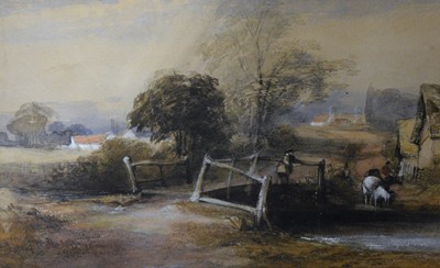 Lot 244 - English School, 19th Century,
Figures and horses by a river