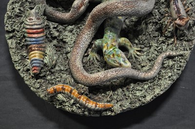 Lot 26 - A pair of Portuguese Palissy type lead-glazed earthenware bowls, Jose Alves Cunha